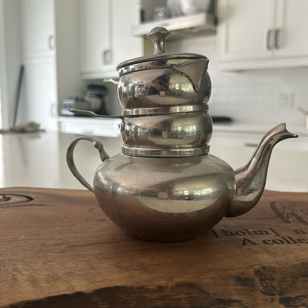 Stacking Silver Plate Vintage Teapot Cream and Sugar Set, Personal Sized Tea Set
